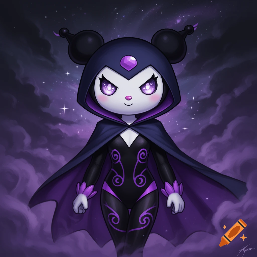 A cartoon character resembling Kuromi as Raven stands in a black and purple hooded cape and bodysuit against a starry purple sky.
