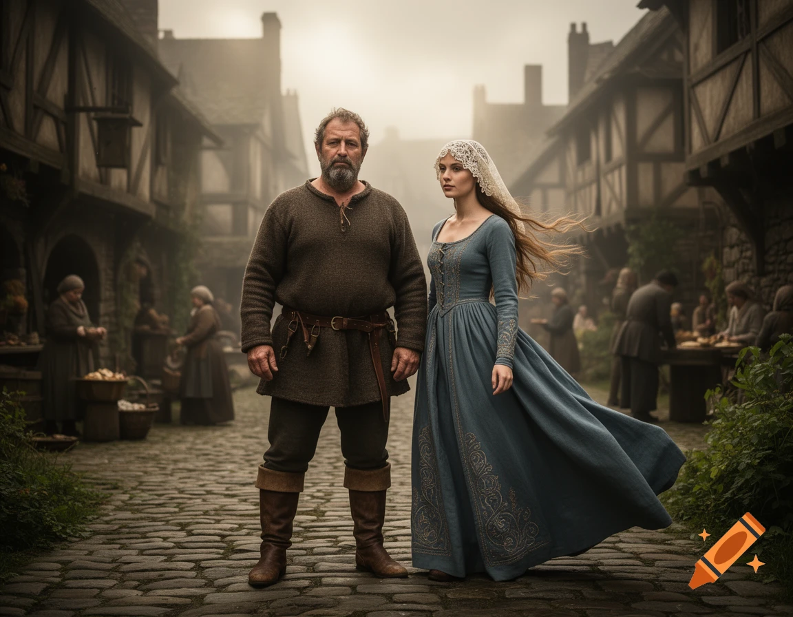 A bearded man in a tunic and a woman in a flowing blue dress and lace veil stand on a cobblestone street in a medieval village.
