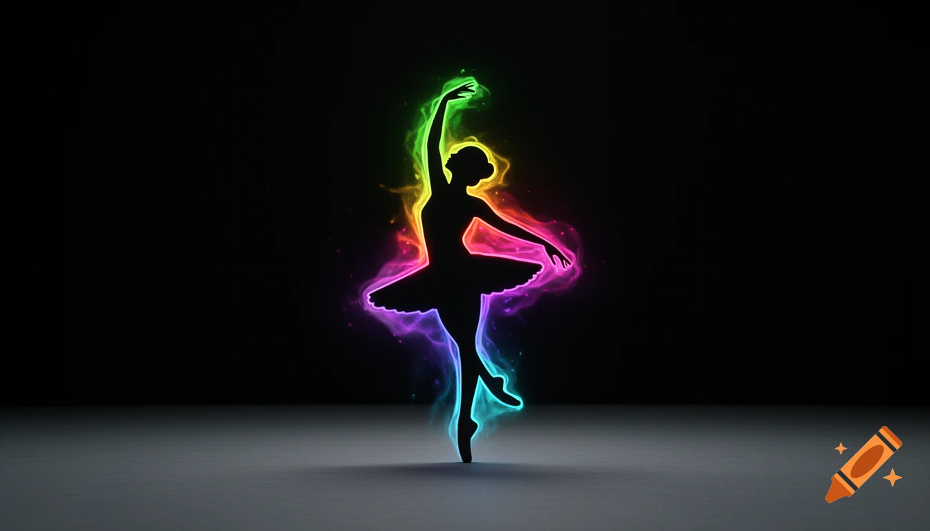 Black silhouette of a ballerina in a graceful pose, outlined by glowing neon rainbow colors against a dark background.