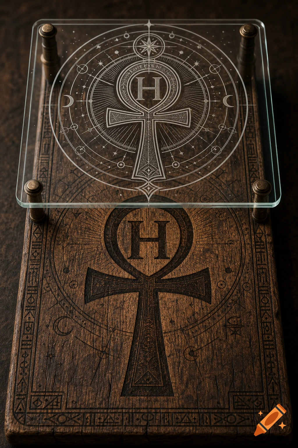 A photorealistic image of a dark wooden board featuring an Ankh symbol with an 'H' logo, topped by a clear glass plate engraved with cosmic and mystical patterns.