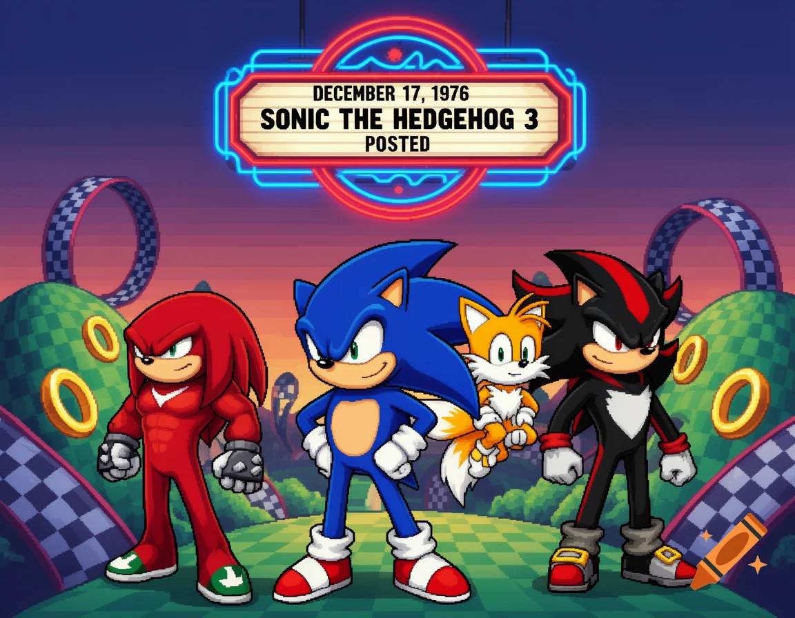 Sonic, Knuckles, Tails, and Shadow in pixel art style with a neon sign for 'Sonic the Hedgehog 3' and 'December 17, 1976'.