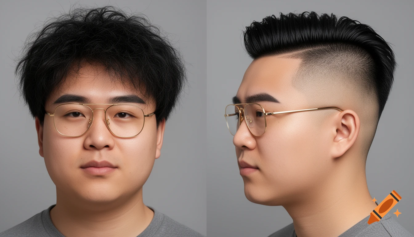 Two portraits of a young Asian man with gold aviator glasses, one with messy hair in a front view, the other with a neat fade in profile.