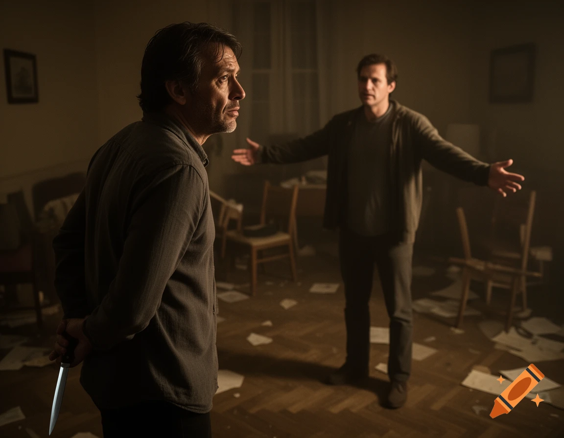 A man hides a knife behind his back while looking away from another man with outstretched arms in a dimly lit, messy room.
