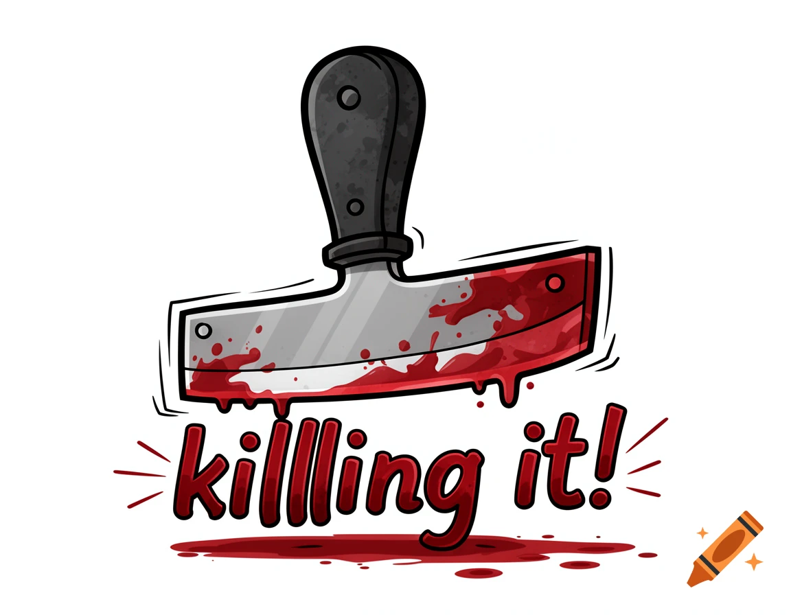 A cartoon-style bloody meat cleaver with the text 'killing it!' below it.