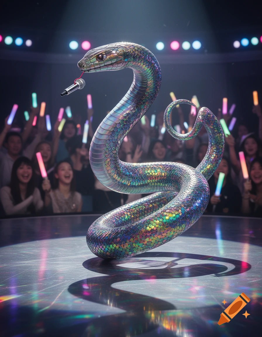 A shimmering, iridescent snake with a microphone on a spotlighted stage, performing for a cheering audience with glow sticks.