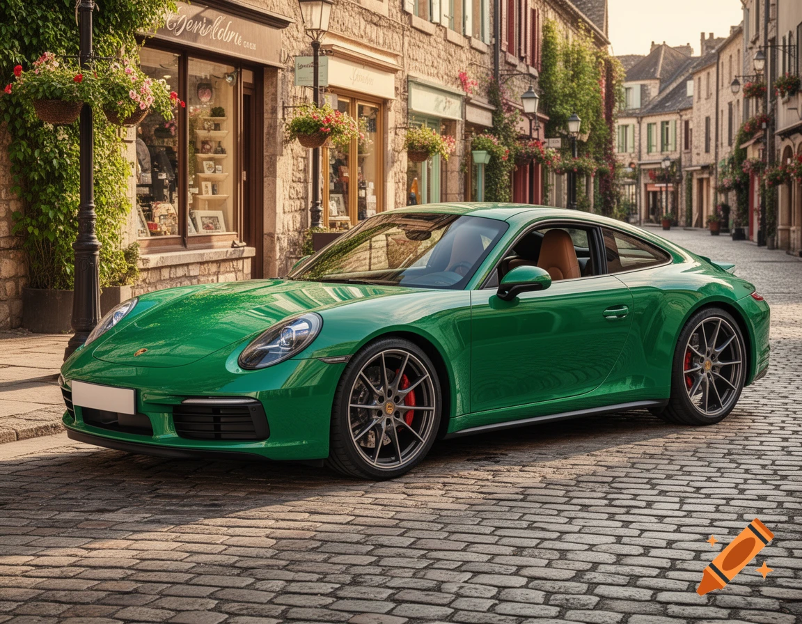 A vibrant green Porsche sports car is parked on a cobblestone street in a charming European town with shops and historic buildings.