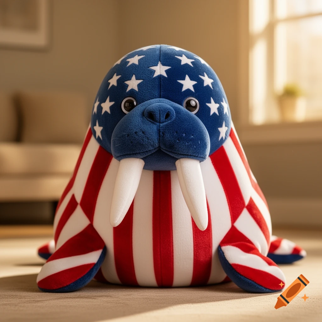 A photorealistic plush walrus toy, patterned like the American flag, sits on a carpeted floor in a sunlit room.