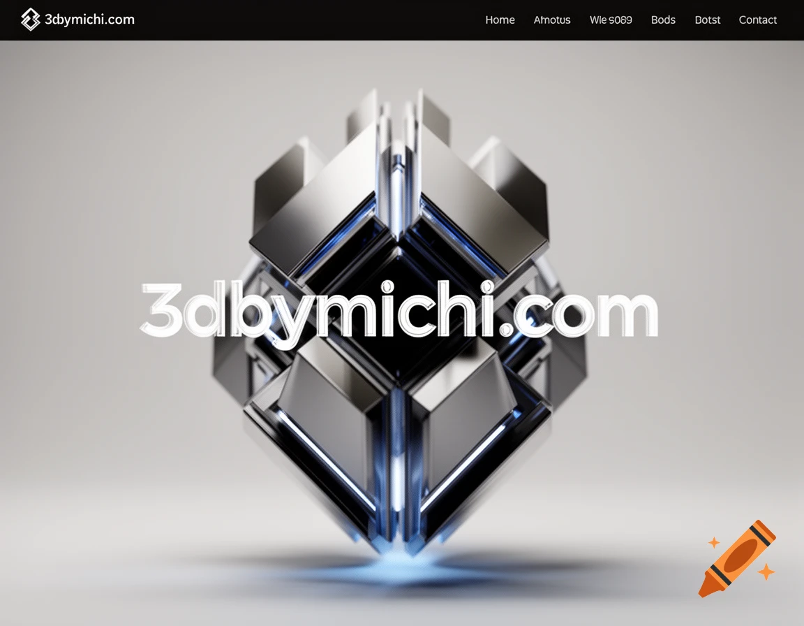 A shiny, metallic geometric cube structure with blue glowing accents, suspended in the center of a gray background. The text '3dbymichi.com' is prominently displayed over the object. A dark header bar at the top features '3dbymichi.com' on the left and various navigation links on the right.