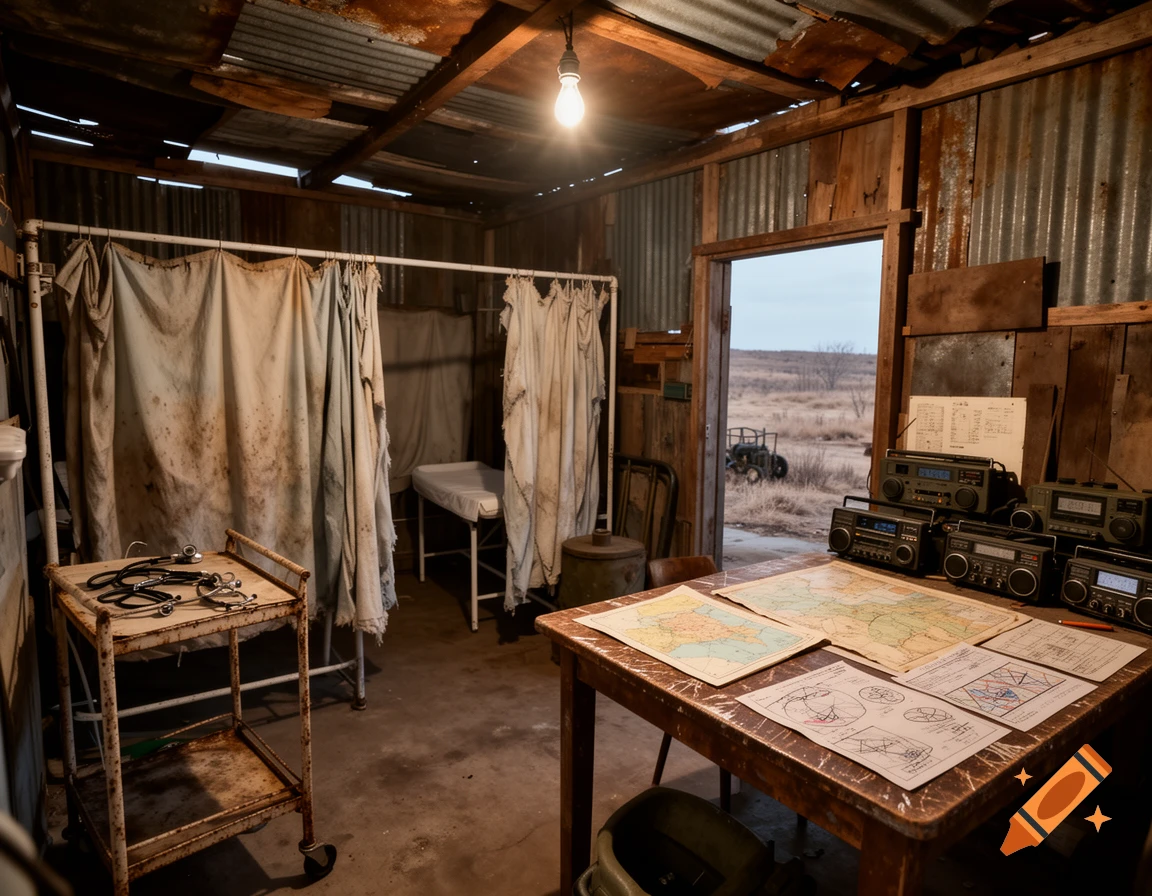 A rustic, dilapidated shack interior functions as a makeshift clinic and war room with scavenged medical equipment, maps, and radio transceivers on a wooden table.