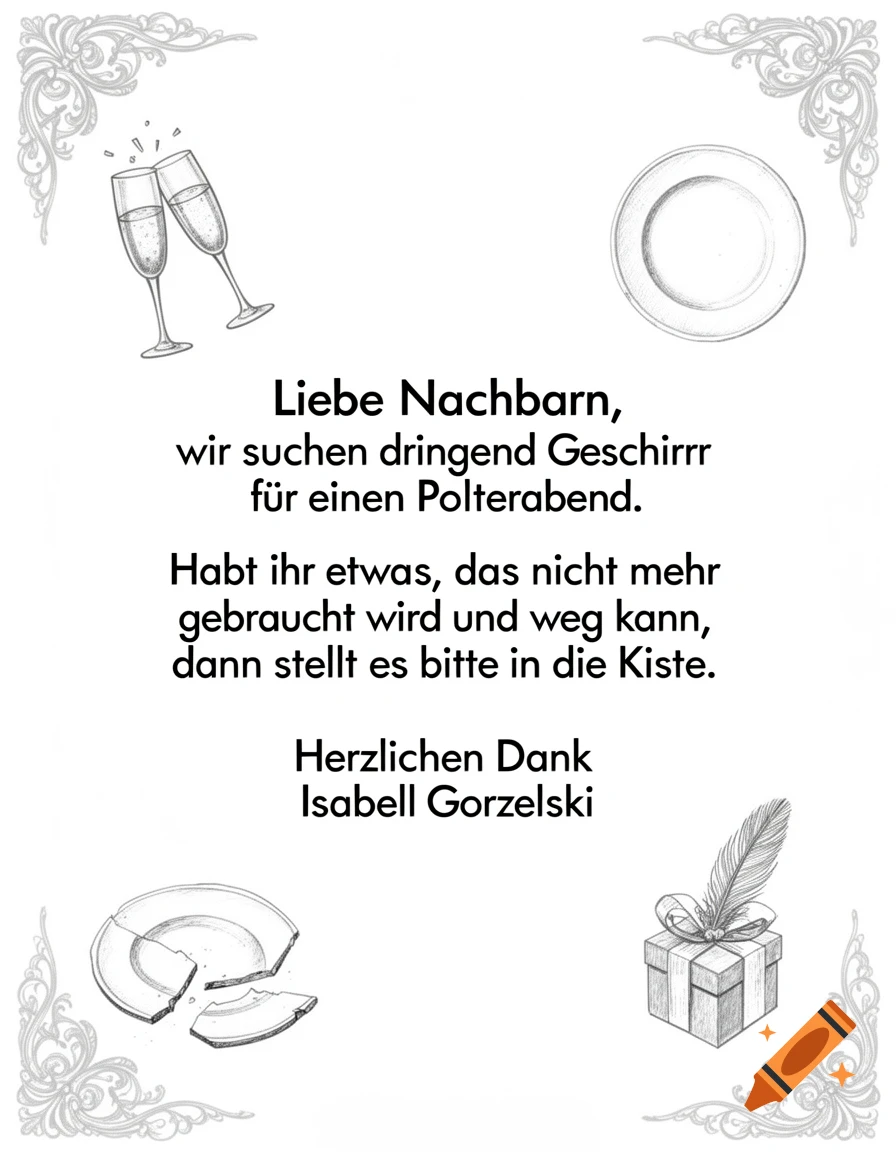 German Polterabend invitation with text about collecting crockery, illustrated with champagne glasses, a broken plate, and a gift box in a sketch style.