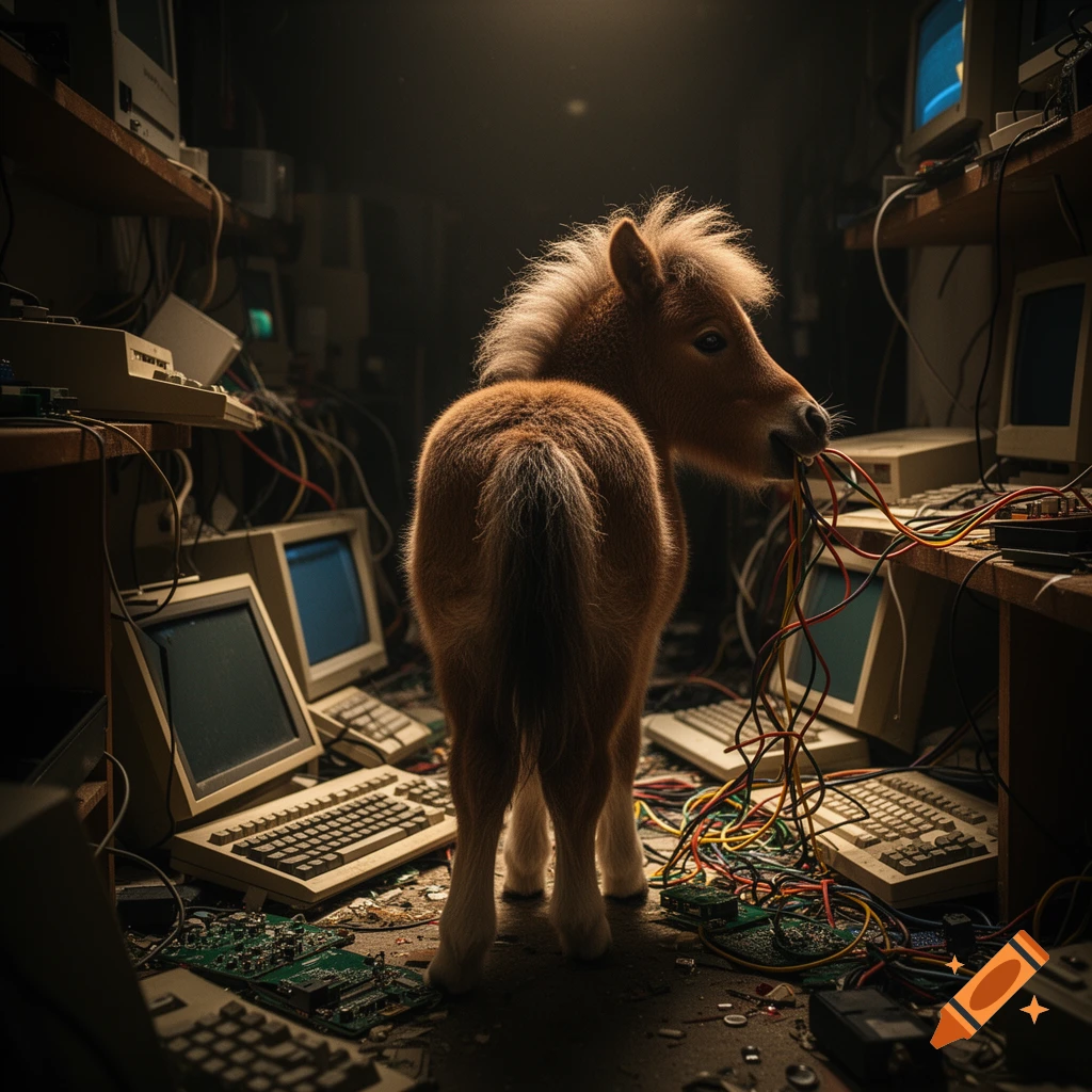 A cute shetlandpony foal stands in a messy room filled with vintage computers and electronic junk, eating cables, looking back over its shoulder. Photorealistic style.