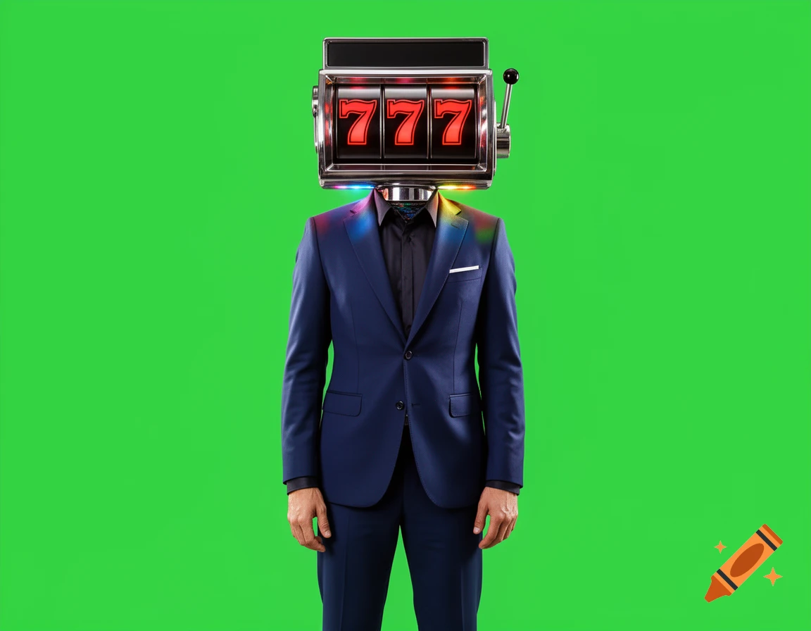 A person in a blue suit stands against a green background, with a slot machine displaying '777' as their head.
