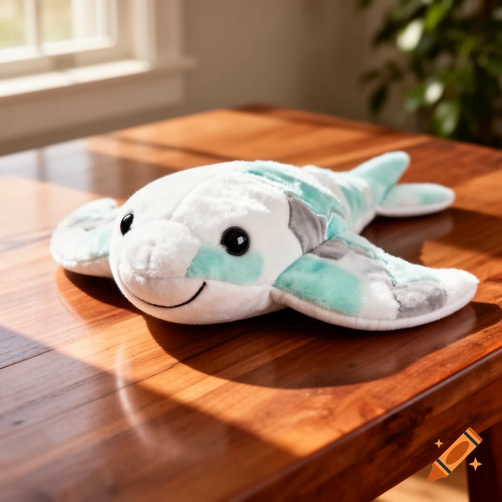 A cute white, teal, and gray plush stingray toy with black eyes and a stitched smile rests on a polished wooden table, bathed in sunlight from a window.