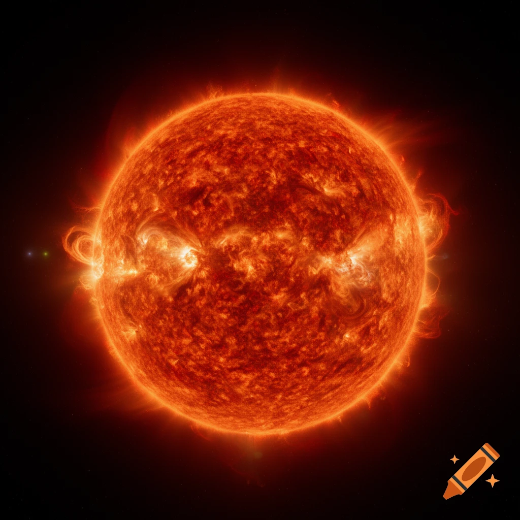 A realistic, detailed image of the glowing, fiery sun with solar flares and prominences against a dark, star-filled background.