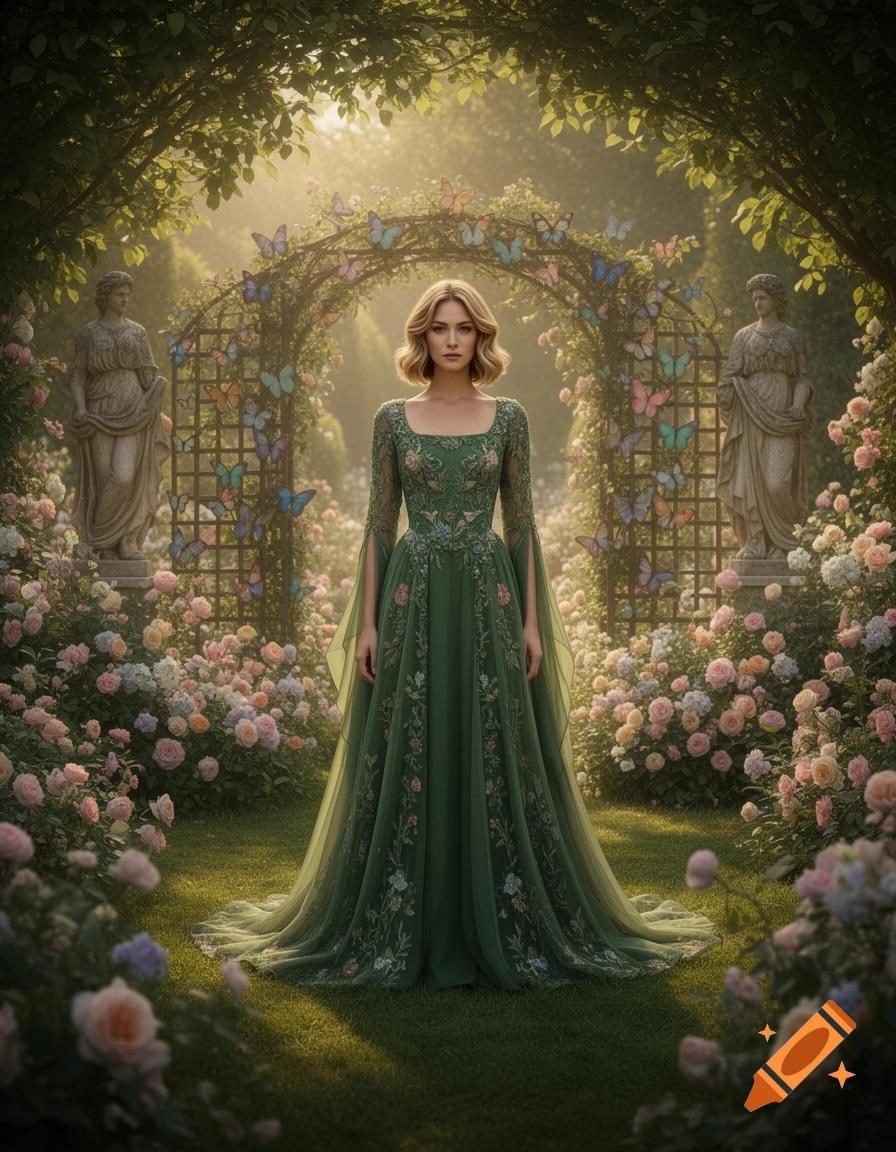 A woman in an embroidered green dress with dark blonde hair stands in a dreamy garden filled with roses, butterflies, and statues.