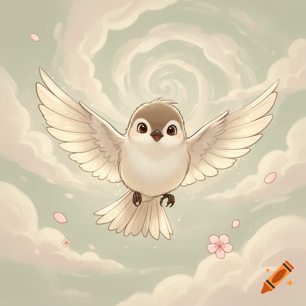 A cute, fluffy brown and white cartoon bird flies with spread wings in a pastel sky with pink cherry blossoms.