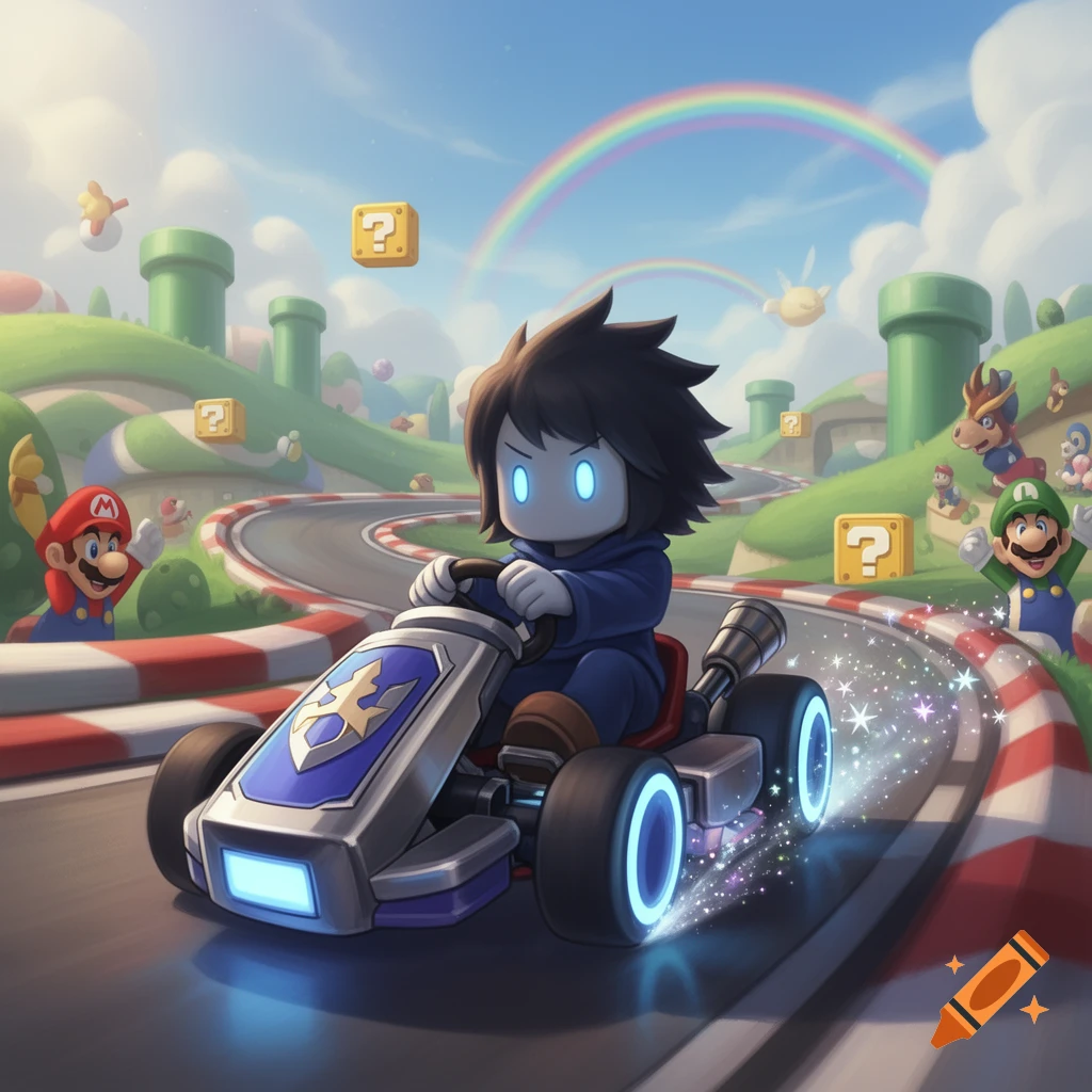 Anime-style character in a blue go-kart races on a track with Mario and Luigi, question blocks, and a rainbow under a blue sky.