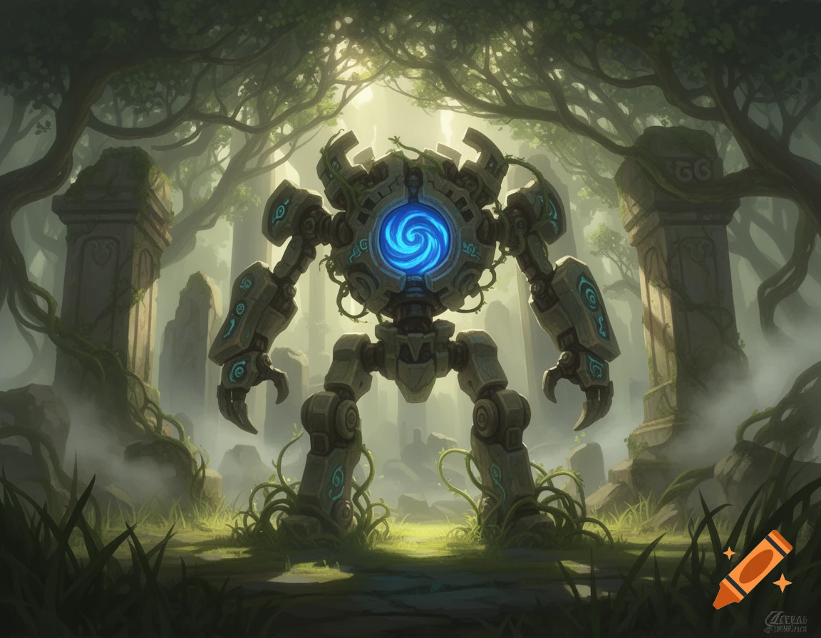 A large, ancient stone-like robot with a glowing blue energy core and patterns stands in a misty, overgrown forest with ruins.