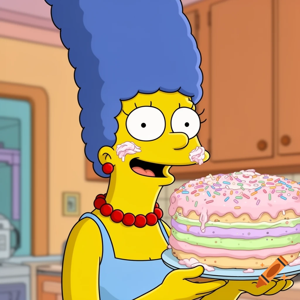 Cartoon Marge Simpson covered in pink frosting, holding a colorful layered cake with sprinkles.