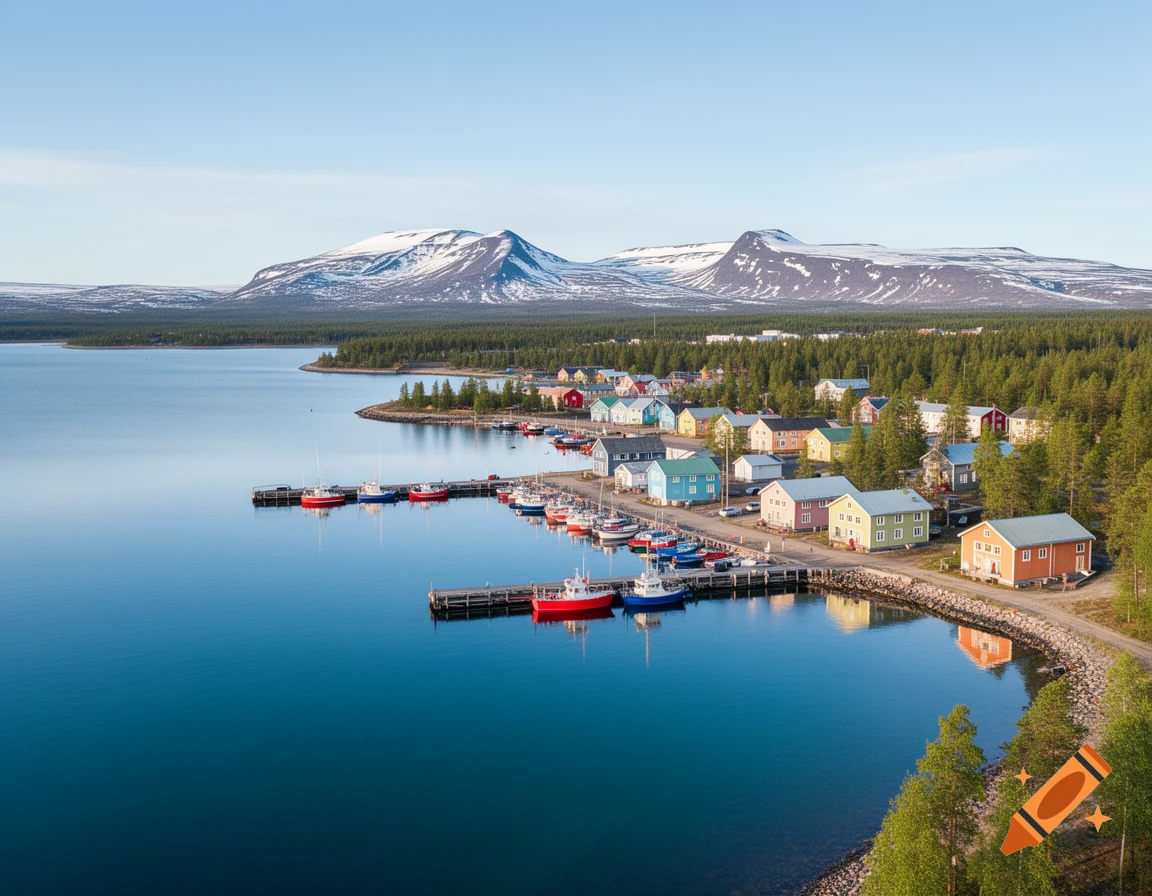 Aerial view of a colorful village harbor by a deep blue lake, surrounded by green forests, with snow-capped mountains in the background.