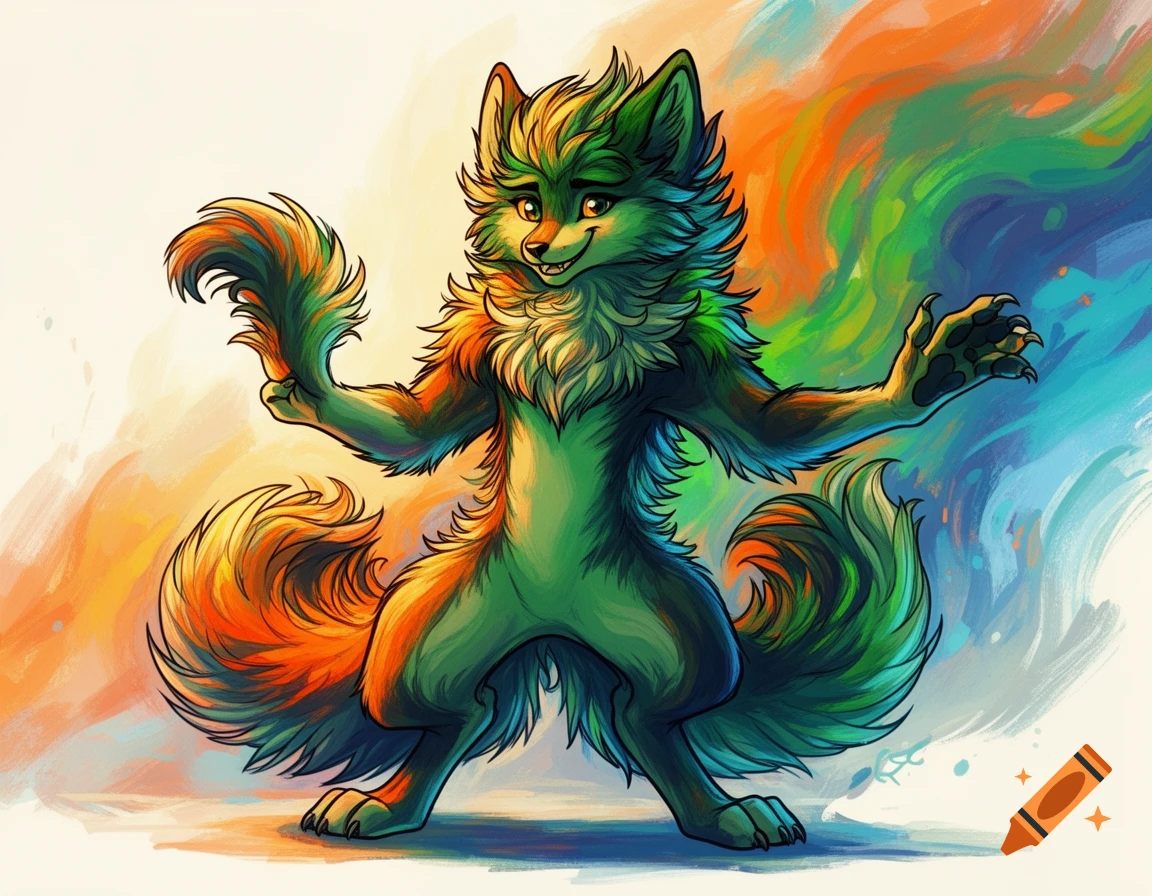 A vibrant, stylized furry wolf-like creature in greens and oranges stands against a colorful painterly background.