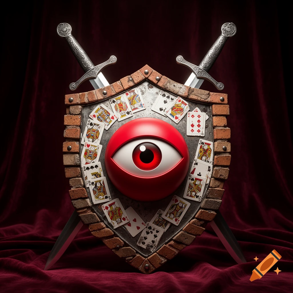 A shield made of metal and brick, with two crossed swords behind it. A large red stylized eye is centered on the shield, surrounded by various playing cards, all set against a red velvet background.