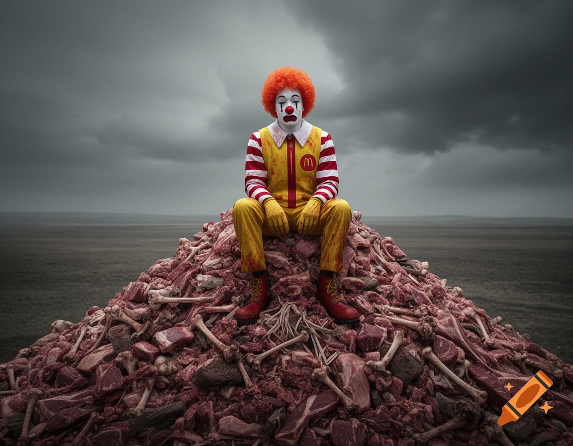 Ronald McDonald sits sadly on a huge pile of raw meat and bones under a dark, stormy sky in a surreal, dystopian landscape.