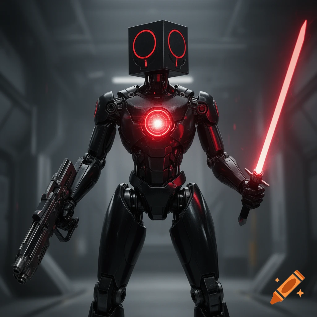 A black robot with a cube head featuring red circles for eyes and a glowing red chest reactor, holding a laser blaster and a red energy sword in a dark corridor.