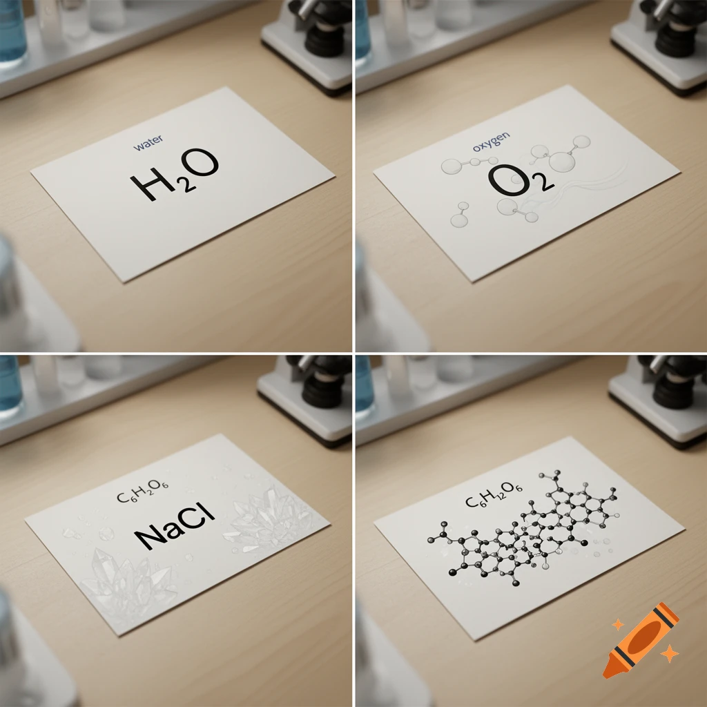 A grid of four cards with chemical formulas on a wooden desk with laboratory equipment. Cards show water, oxygen, and glucose. One card incorrectly displays both NaCl and C6H12O6.
