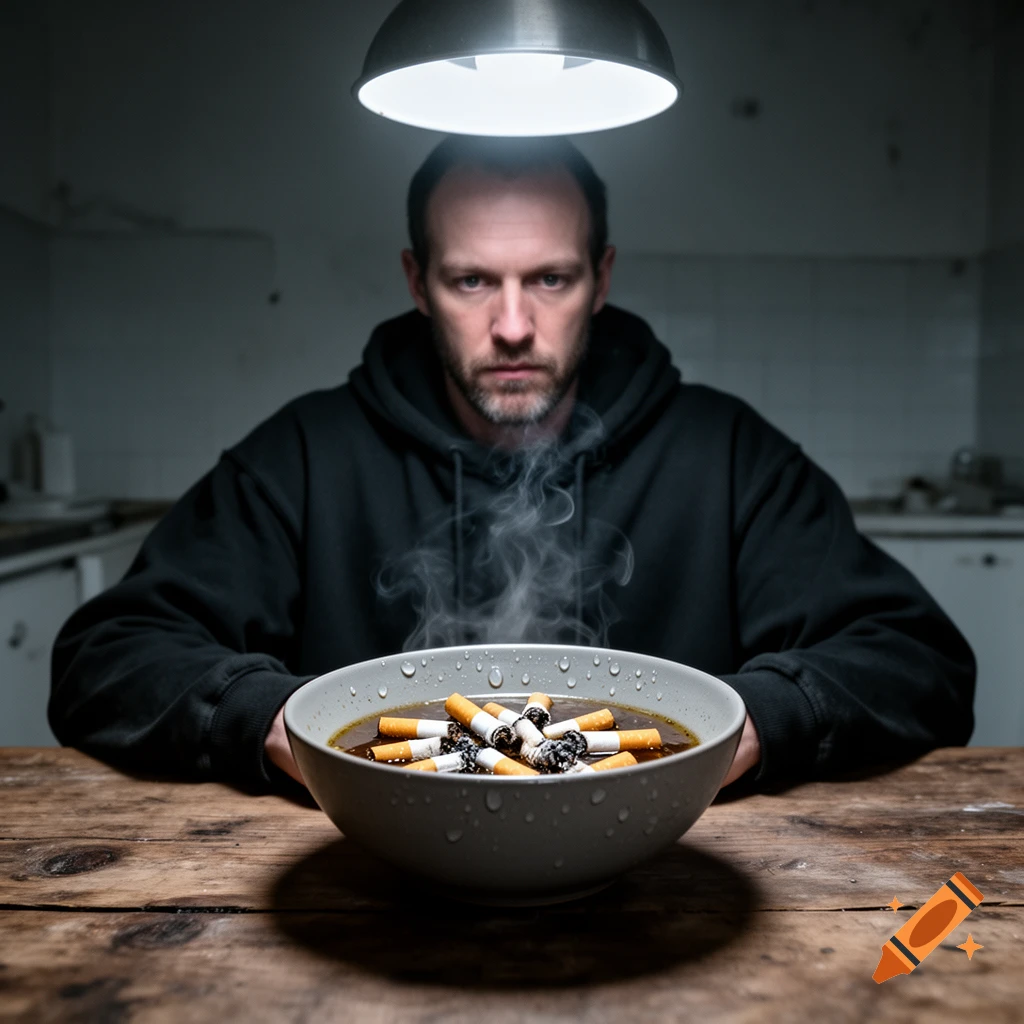 A serious man sits at a wooden table, staring intently at a steaming bowl filled with cigarettes and liquid under a single lamp.