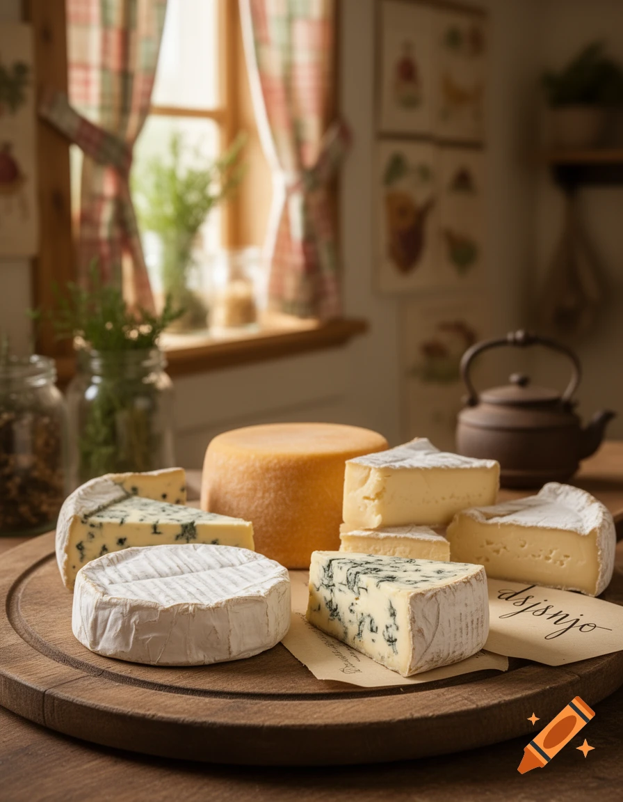 A variety of cheeses, including a large wheel, brie, and blue cheese, arranged on a wooden board in a rustic kitchen.