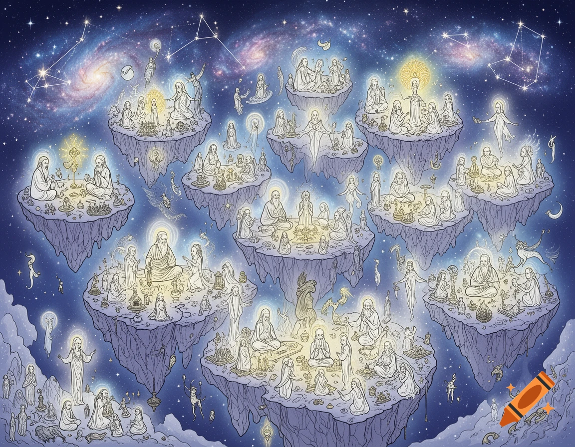 Detailed line art illustration of glowing spiritual figures and mystical creatures on floating islands in a starry celestial sky.