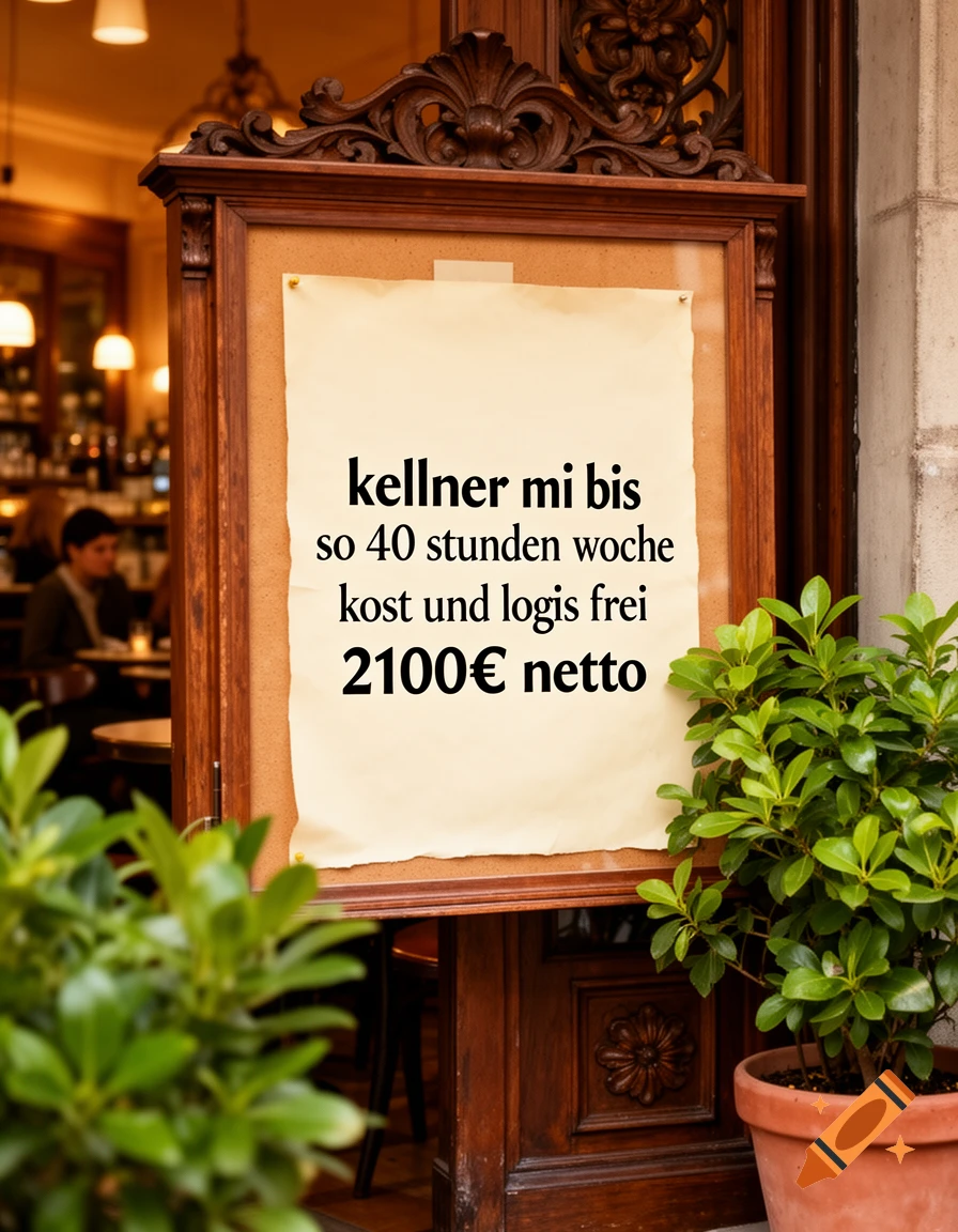 A German job advertisement sign for a waiter on an ornate wooden board outside a dimly lit restaurant, with green plants nearby.