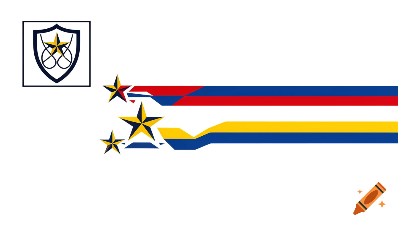 A stylized flag with a shield in the top left corner featuring a star and loops. On the right, three stars emit red, blue, and yellow trails.