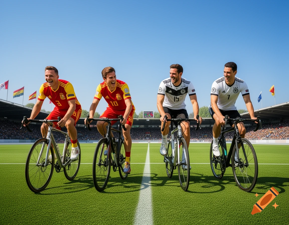 Four male cyclists, two in red/yellow and two in white/black national team jerseys, ride bicycles across a green football pitch in a sunlit stadium.