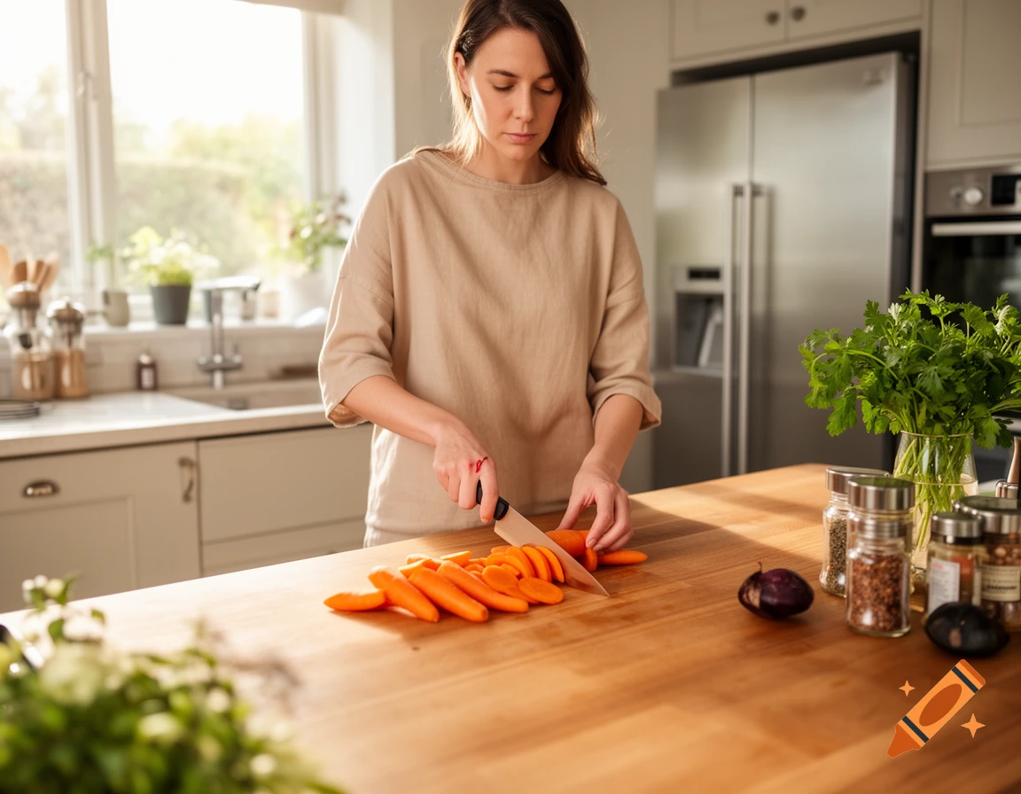 A woman in a kitchen cutting carrots on a wooden counter, with a small cut on her finger.