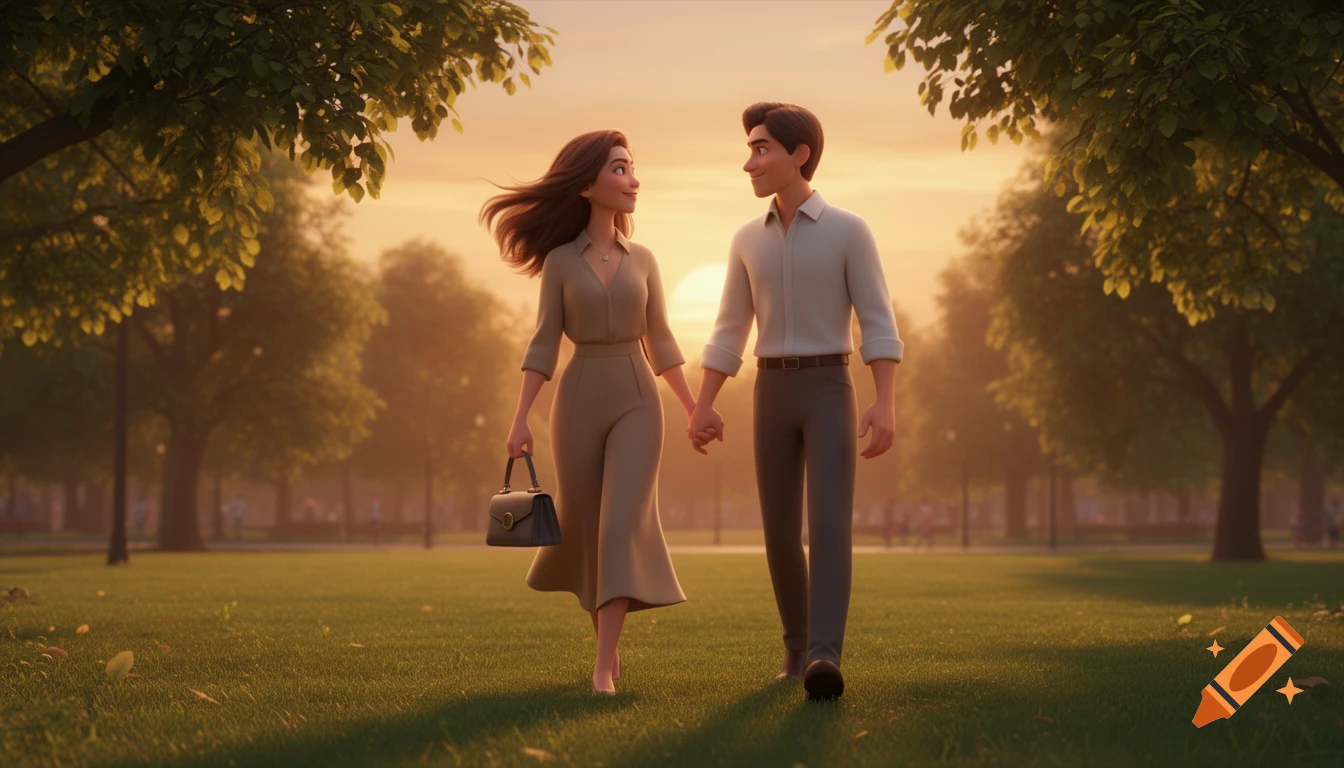 A 3D animated couple walks hand-in-hand through a green park at sunset, with warm golden light.