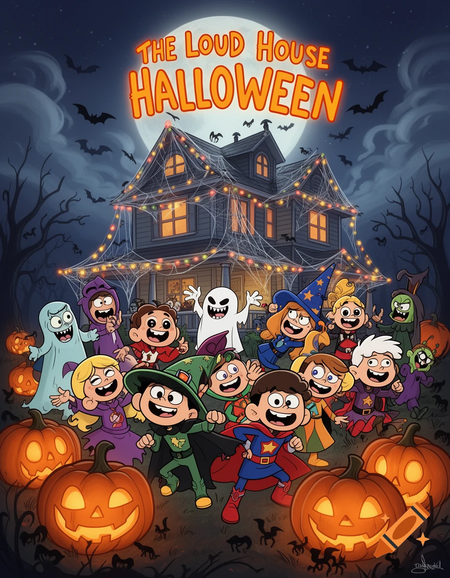 A cartoon poster featuring The Loud House characters in Halloween costumes outside a spooky, decorated house under a full moon, with pumpkins.