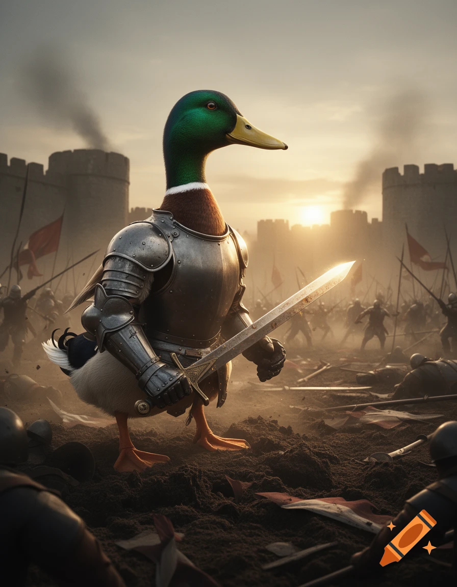 A photorealistic mallard duck knight in shining armor wields a glowing sword on a desolate battlefield with a castle at sunset.