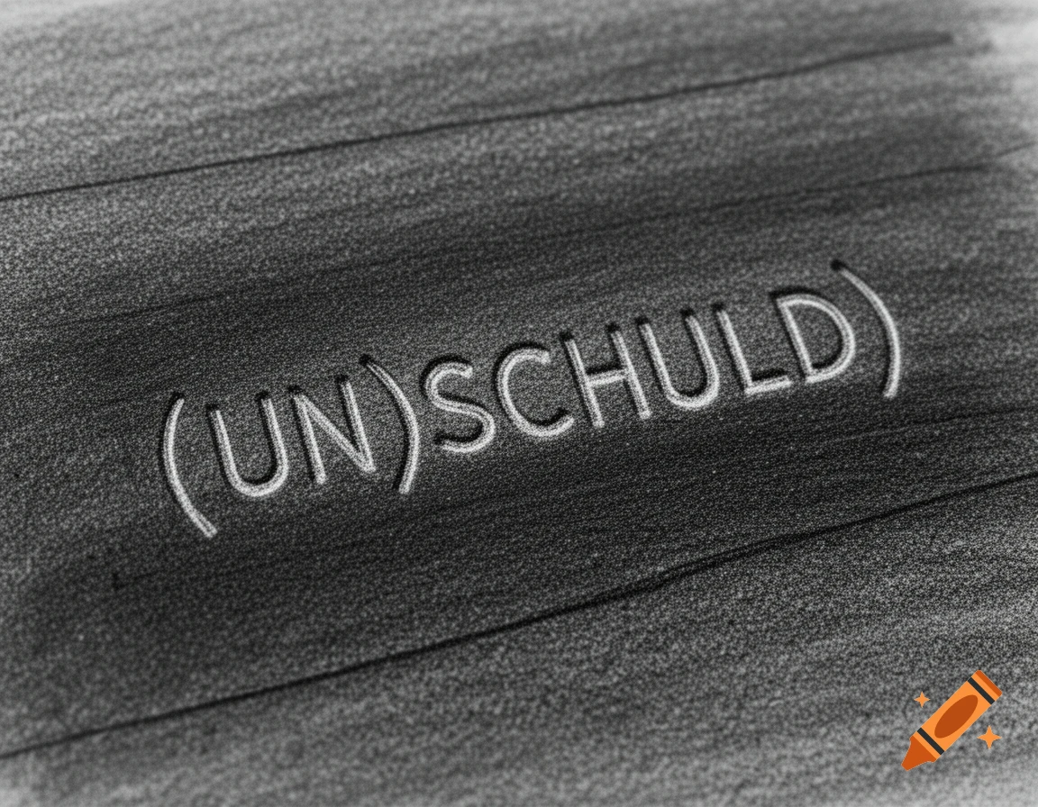 Monochrome, close-up image showing the word "(UN)SCHULD" embossed into a graphite-scratched paper surface with a forensic document look.