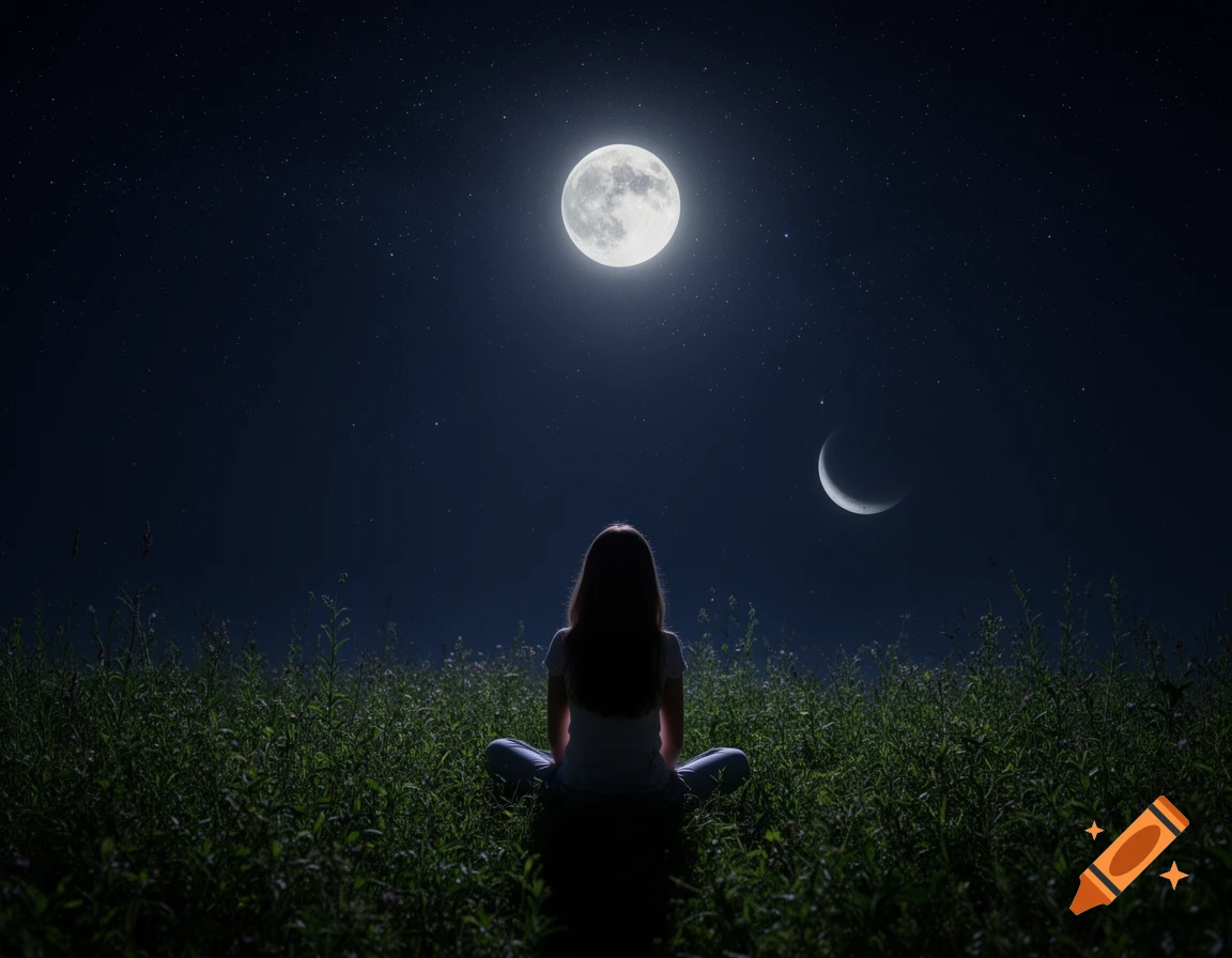 A person sits in a grassy field at night, seen from behind, looking up at a bright full moon and a crescent moon in a starry sky.