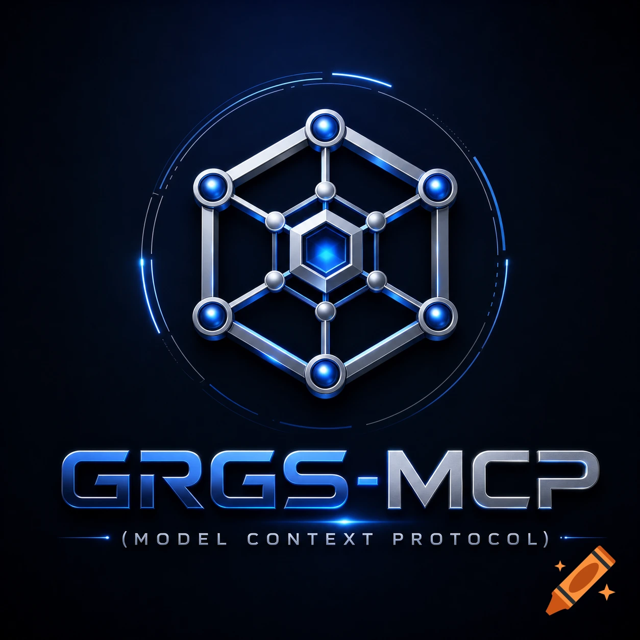 A futuristic blue and silver hexagonal logo with interconnected nodes, and text 'GRGS-MCP (MODEL CONTEXT PROTOCOL)' on a dark background.