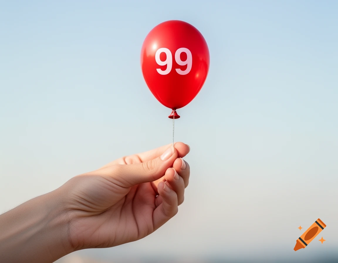 A hand holds a bright red balloon with the number 99 printed in white against a clear blue sky.