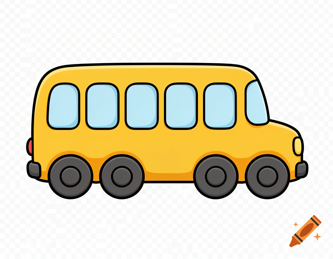 A 2D cartoon yellow school bus with blue windows and black wheels, shown in a side view on a transparent background.