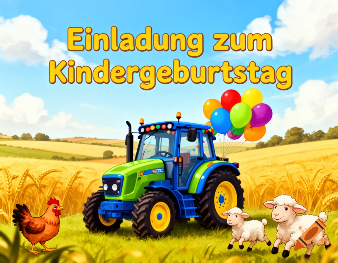 A cartoon invitation for a children's birthday with a blue and green tractor, colorful balloons, a chicken, and two sheep in a golden field under a blue sky.