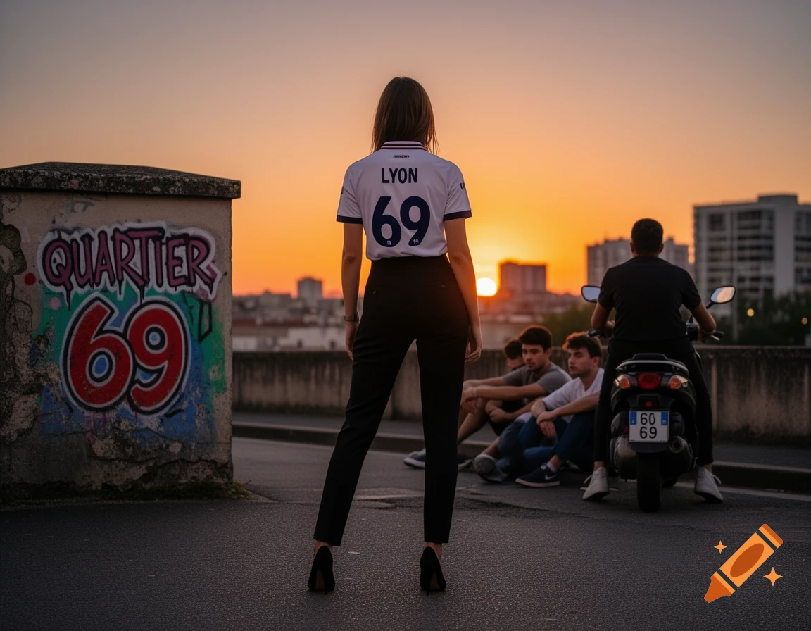 A woman in a white Lyon 69 shirt and black pants stands facing a sunset on an urban street. To her left is graffiti with "QUARTIER 69", and behind her, people sit while one is on a scooter with "60 69" on the plate.