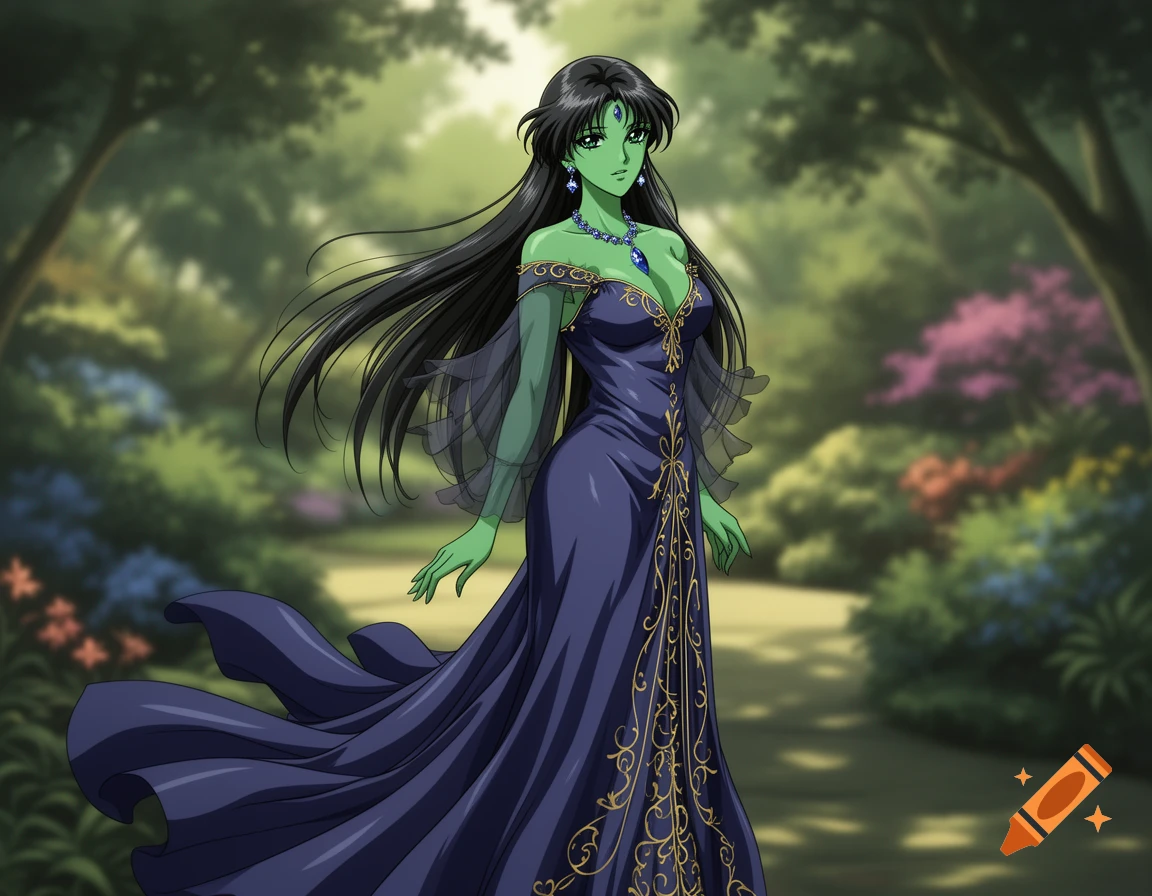 An anime woman with green skin and long black hair, wearing an elaborate blue dress with gold patterns, standing in a lush forest.