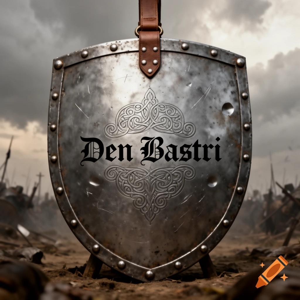 A detailed medieval shield with 'Den Bastri' in gothic font, set against a blurred battlefield under a cloudy sky.