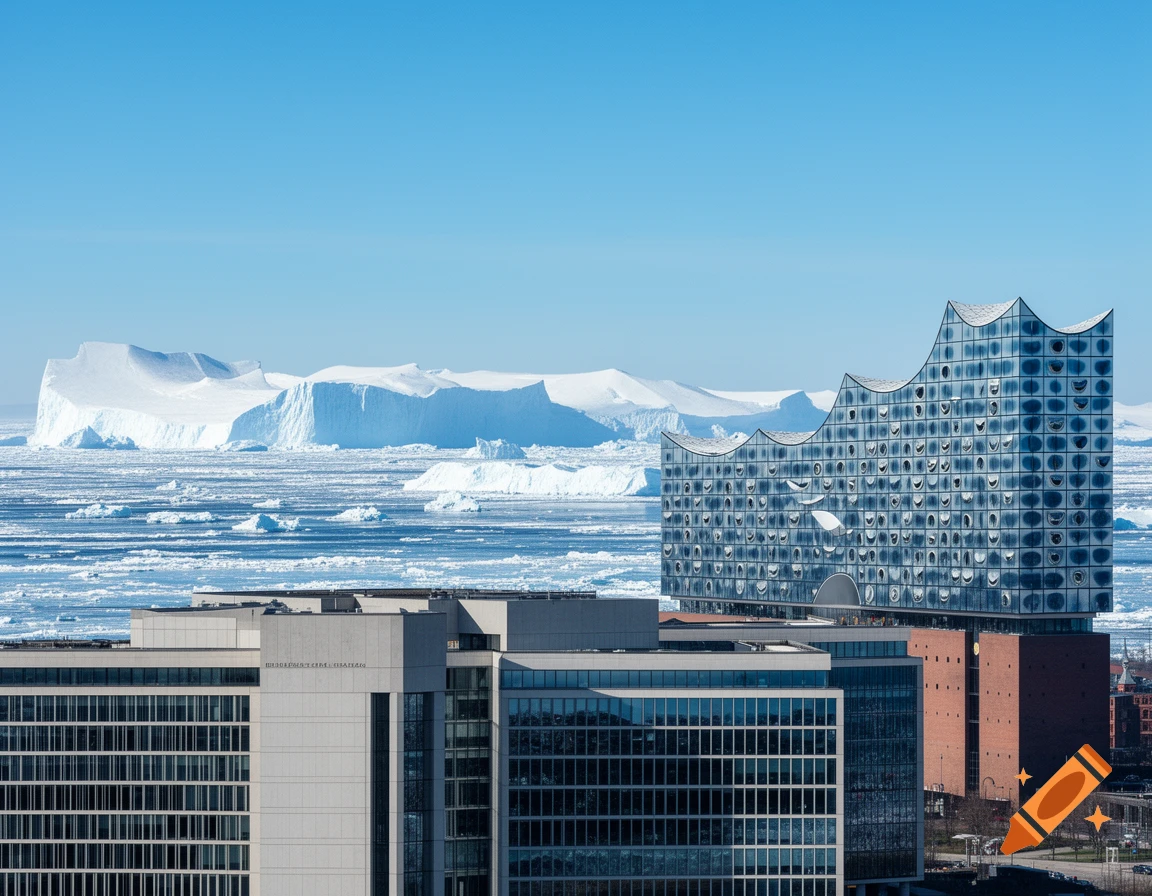 A photorealistic image showing the Elbphilharmonie Hamburg and Bundeskanzleramt Berlin in a sea filled with large icebergs.