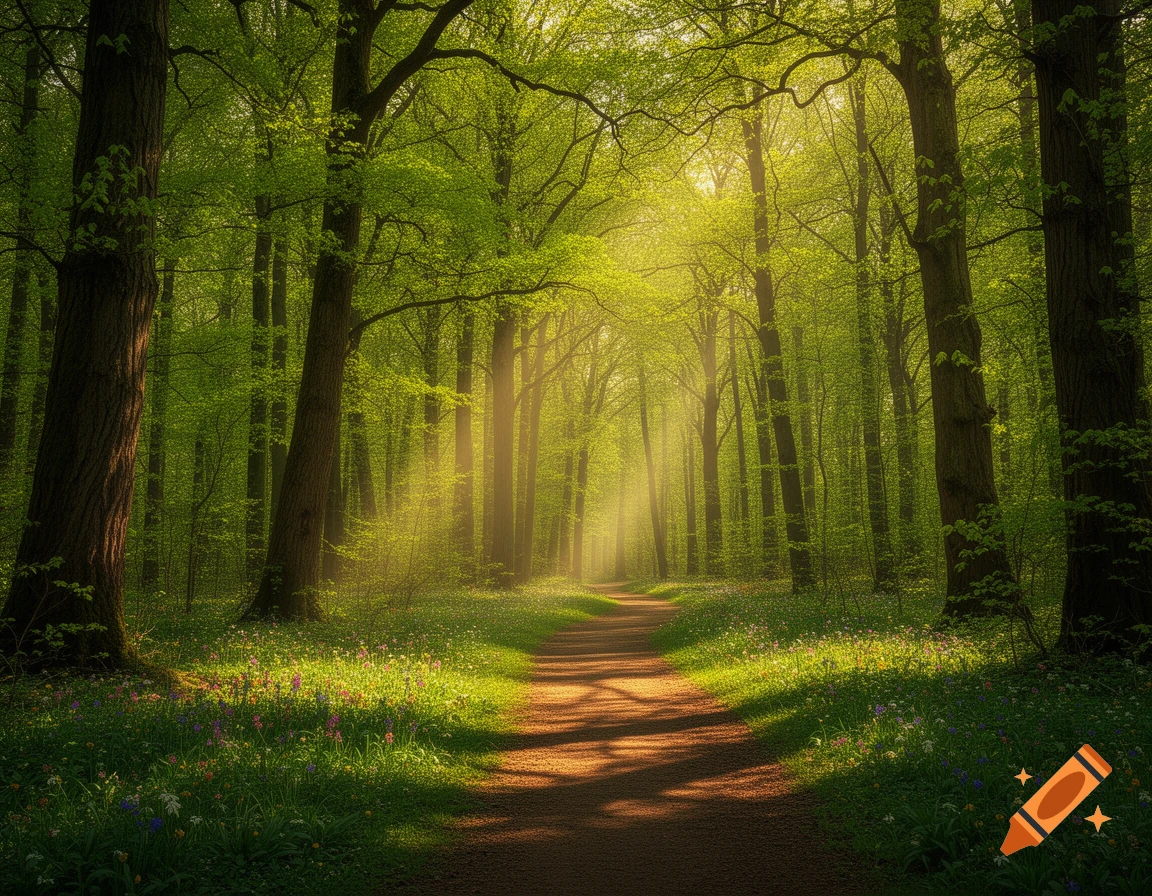 A sunlit dirt path winds through a vibrant green forest with tall trees and colorful wildflowers.